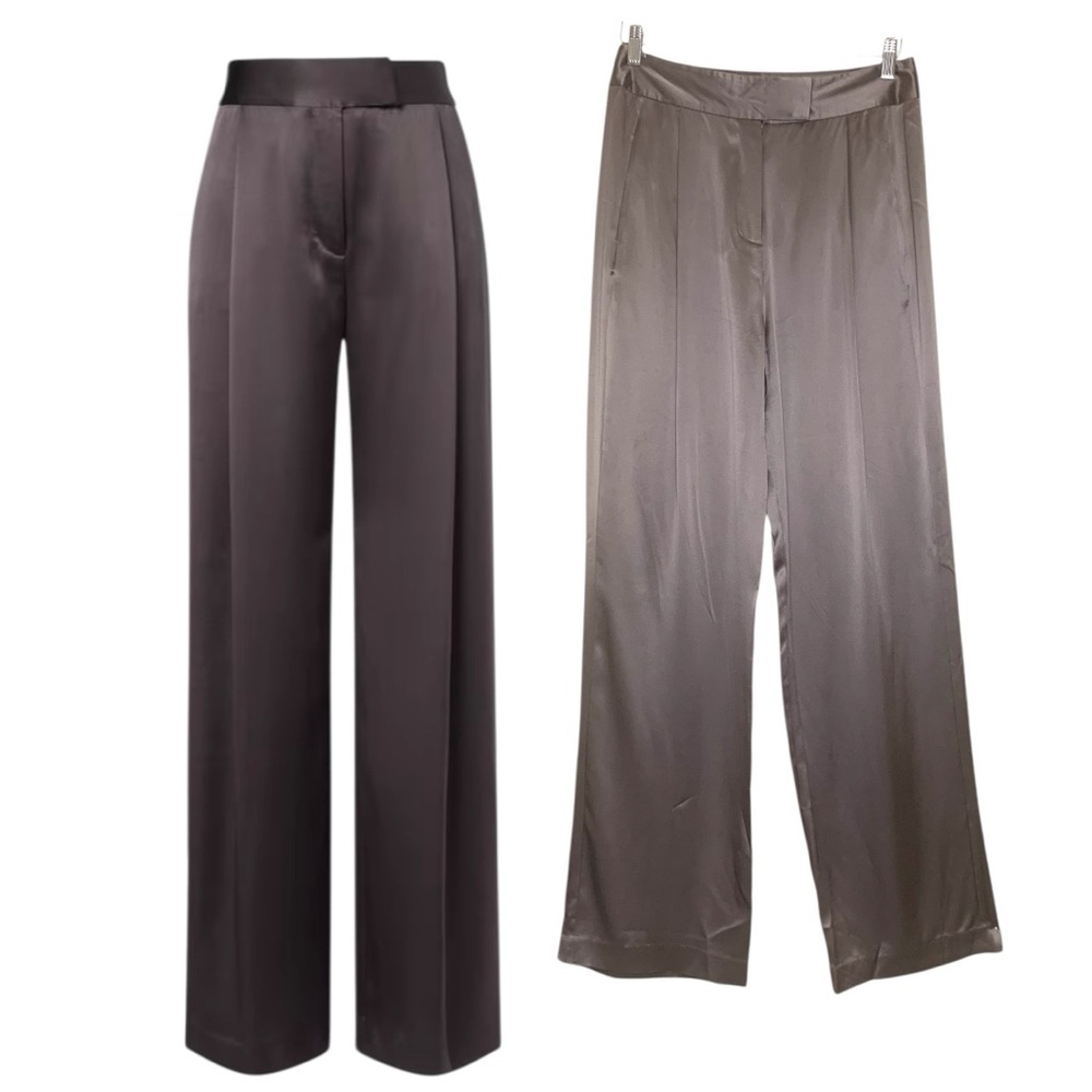 The Sei 100% Silk Wide Leg Pants Taupe Brown Sz 10 Pleated Trousers Quiet Luxury